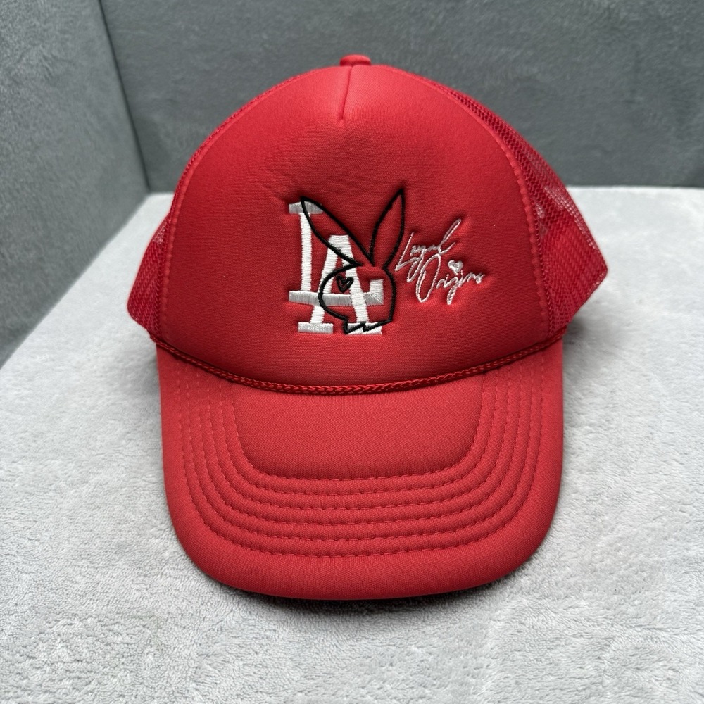 Playboy Heart Bunny Logo Trucker Hat Red White Mesh Snapback Adjustable Cap